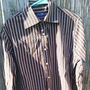 Sean John Men's Brown Tan White Striped Button Down - 15 1/2 - 34/35